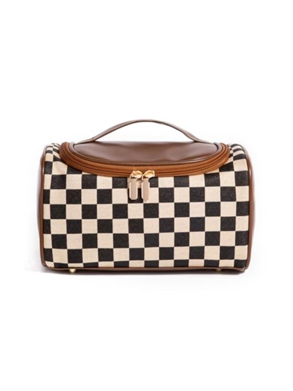 PU Vintage Checkered Makeup Bag U-Shaped Zip Cosmetic Organizer